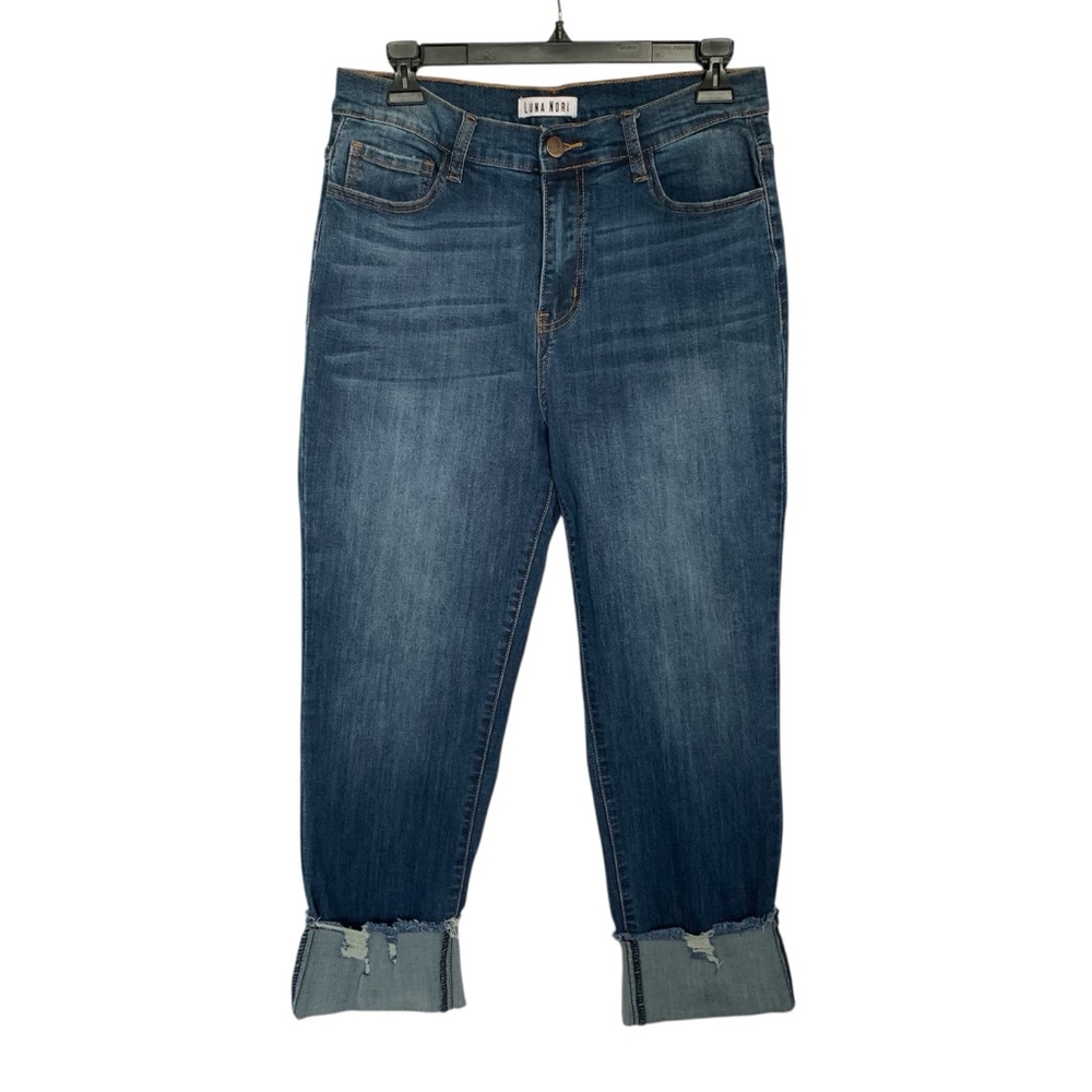 LUNA NORA Womens Size 12 Jeans Medium Blue Wash Cropped Cuffed Distressed
